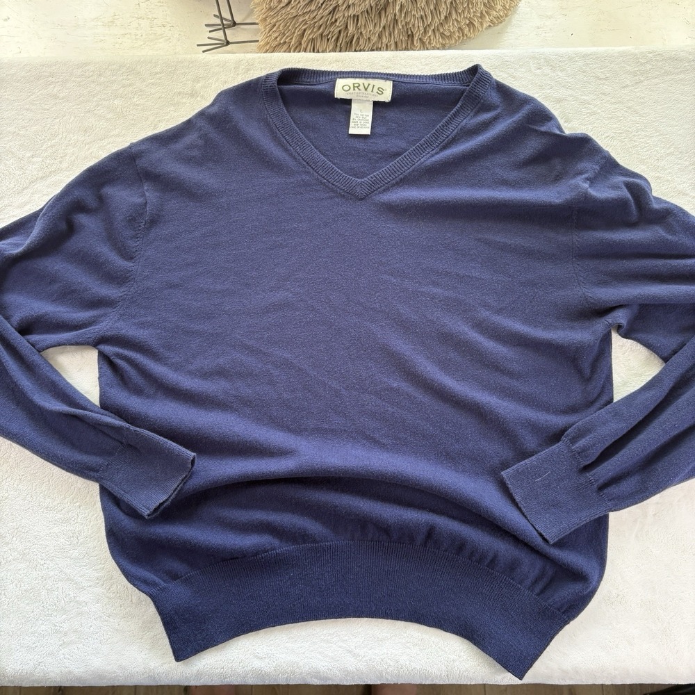 Orvis Men's Large Blue V-Neck Sweater Cotton‎ Silk Cashmere Blend Long Sleeve